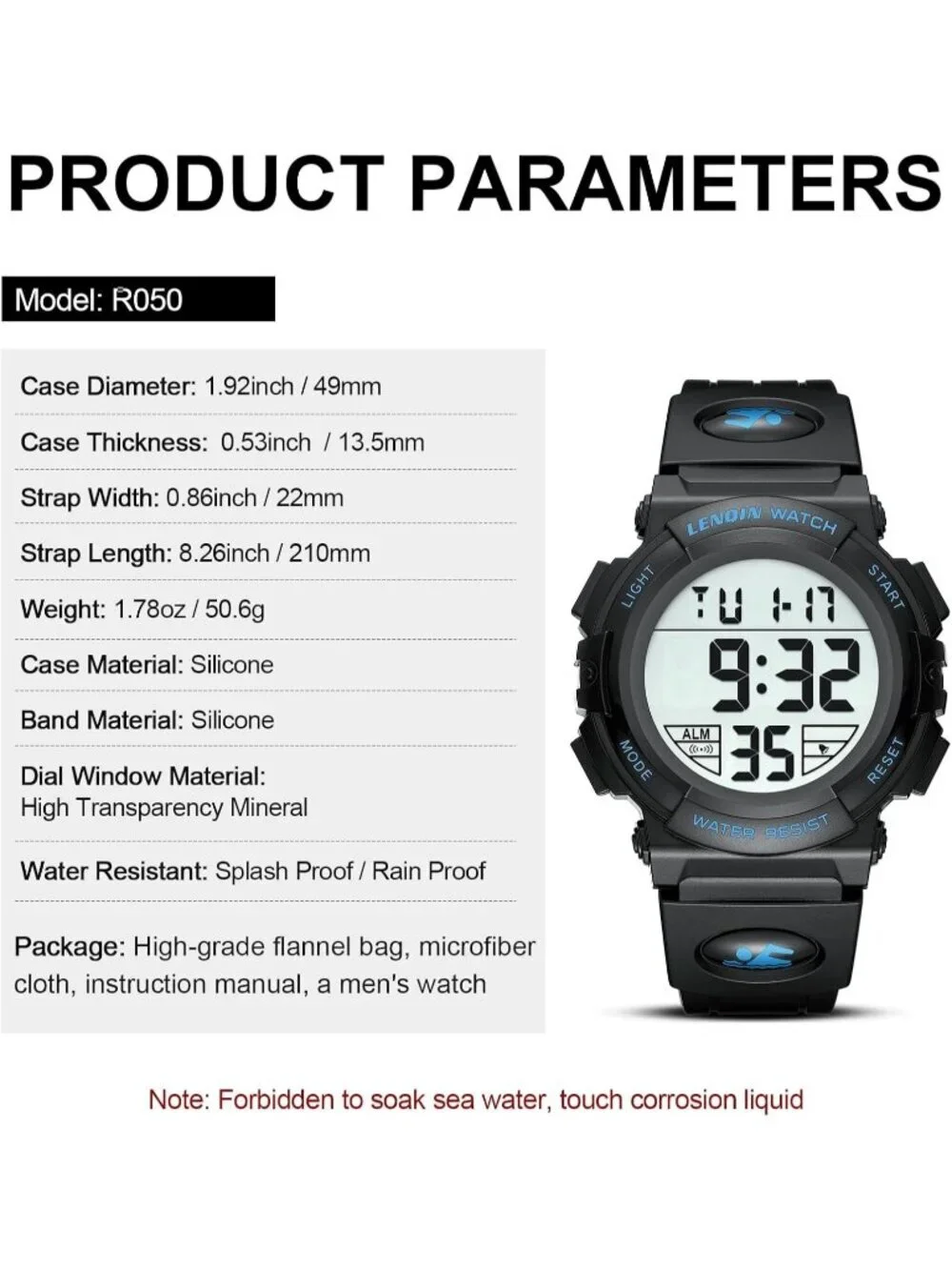 Men's Black And Blue Analog Quartz Waterproof Tactical Digital Alarm Wrist Watch
